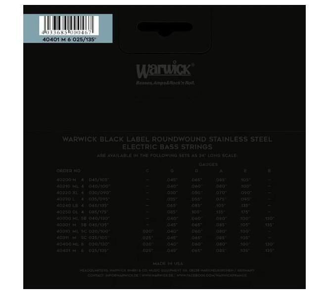 Warwick Black Label Bass String Set, Stainless Steel, 6-String, Medium, 025"/135"