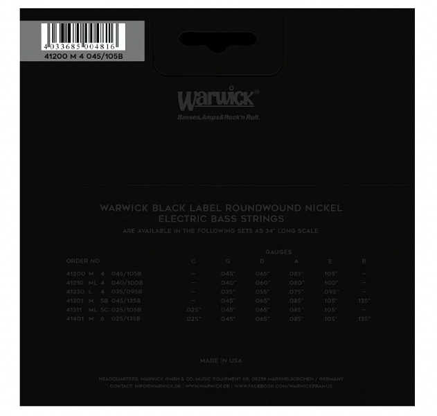 Warwick Black Label Bass String Set, Nickel Plated Steel, 4-String, Medium, 045"/105"