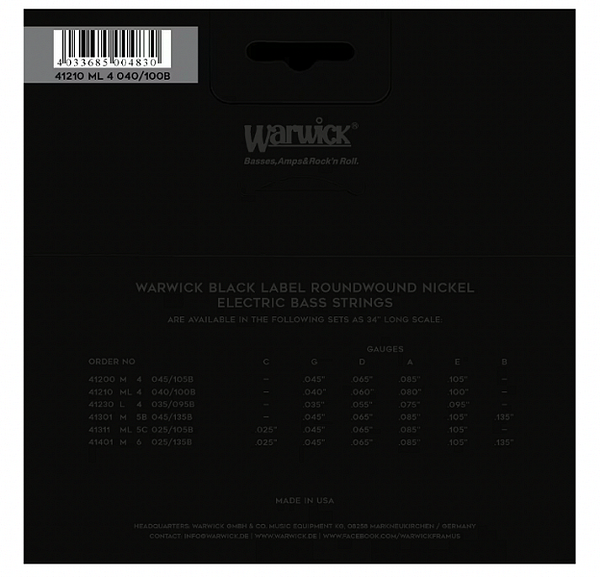 Warwick Black Label Bass String Set, Nickel Plated Steel, 4-String, Medium Light, 040"/100"