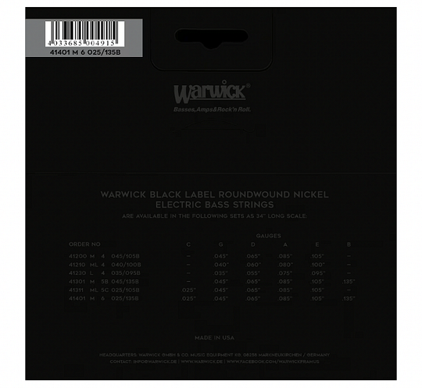 Warwick Black Label Bass String Set, Nickel Plated Steel, 6-String, Medium, 025"/135"