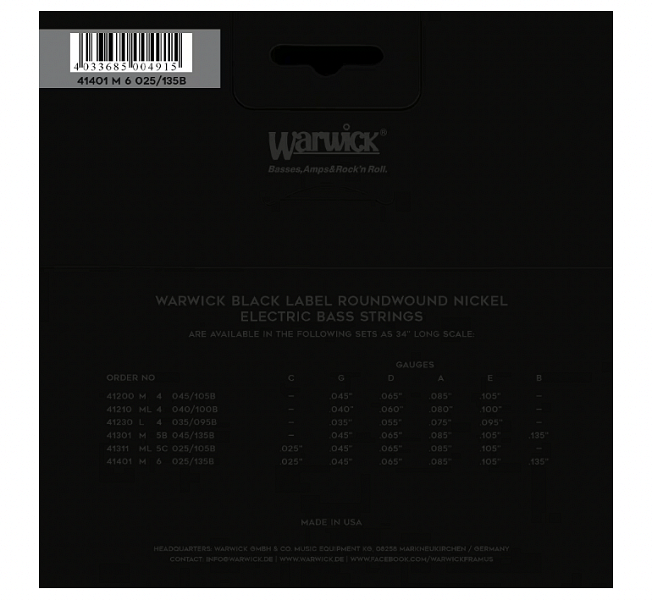 Warwick Black Label Bass String Set, Nickel Plated Steel, 6-String, Medium, 025"/135"