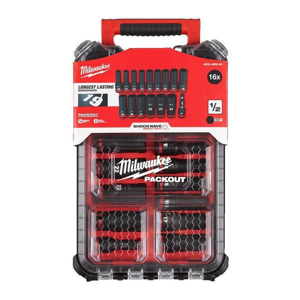 Milwaukee 16 броя ударни вложки 1/2" в органайзер Packout 4932480943