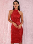 Еластична миди пайетена рокля Евиана в червен цвят