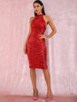 Еластична миди пайетена рокля Евиана в червен цвят