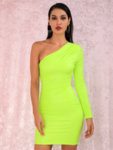 Кожена мини рокля Марчела с един ръкав във флуоресцентен зелен цвят