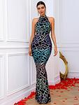 Дълга бежова бутикова рокля Поля със силует русалка и шарени пайети-Copy