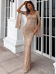 Официална дълга пайетена рокля Федерика с дълги ръкави в златист цвят-Copy