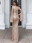 Официална дълга пайетена рокля Федерика с дълги ръкави в златист цвят-Copy