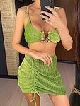 Зелен бански костюм от три части Флорена с плажна пола и златист метален аксесоар на горнището
