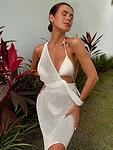 Дълга плажна рокля Хилда от плетиво с бляскави нишки в бял цвят-Copy