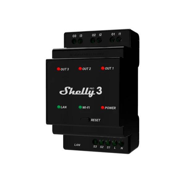 Shelly Pro 3 - Smart превключвател за DIN шина 3х16A