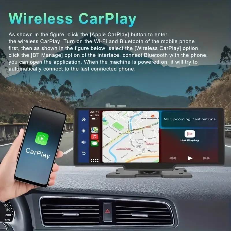 Преносима Мултимедия за Автомобил с 10-инчов IPS Сензорен Екран – Безжичен  Apple Carplay, Android Auto, Bluetooth 5.0 Hands-Free, Mirror Link, GPS и  Siri